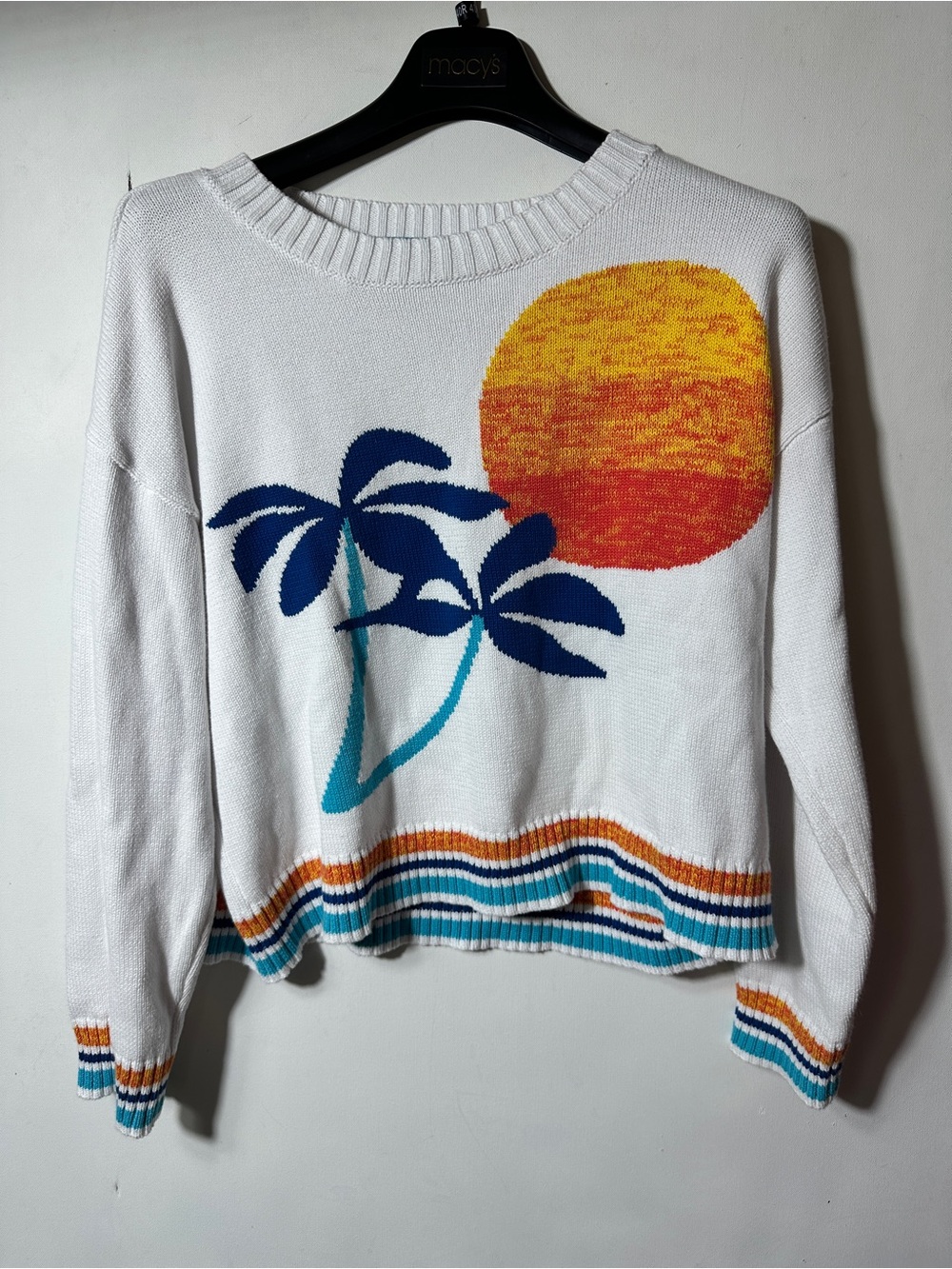 Tori Richard White Knit Sweater with Bold Sun Graphic